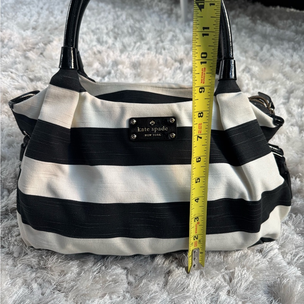 Kate Spade Black and White Stripe Canvas and Patent Leather Accents Hand Bag - Picture 9 of 11